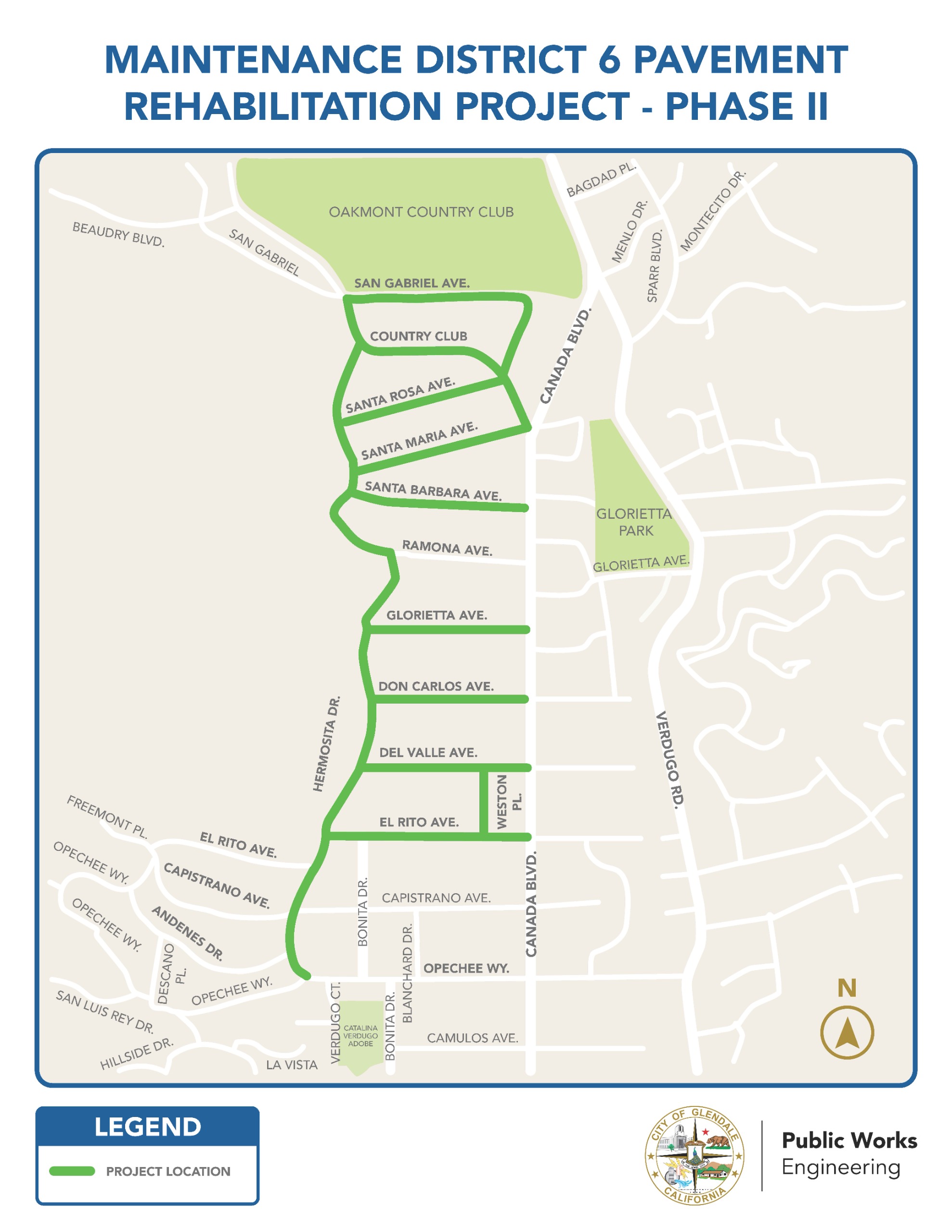 Green lines on map of project location indicating the streets in the Verdugo Woodlands neighborhood that will be improved by this project