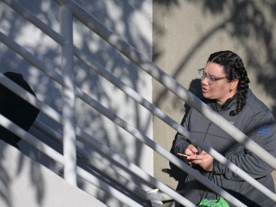 A Glendale Memorial Hospital team member interviews a homeless individual during the 2026 Glendale Homeless Count.